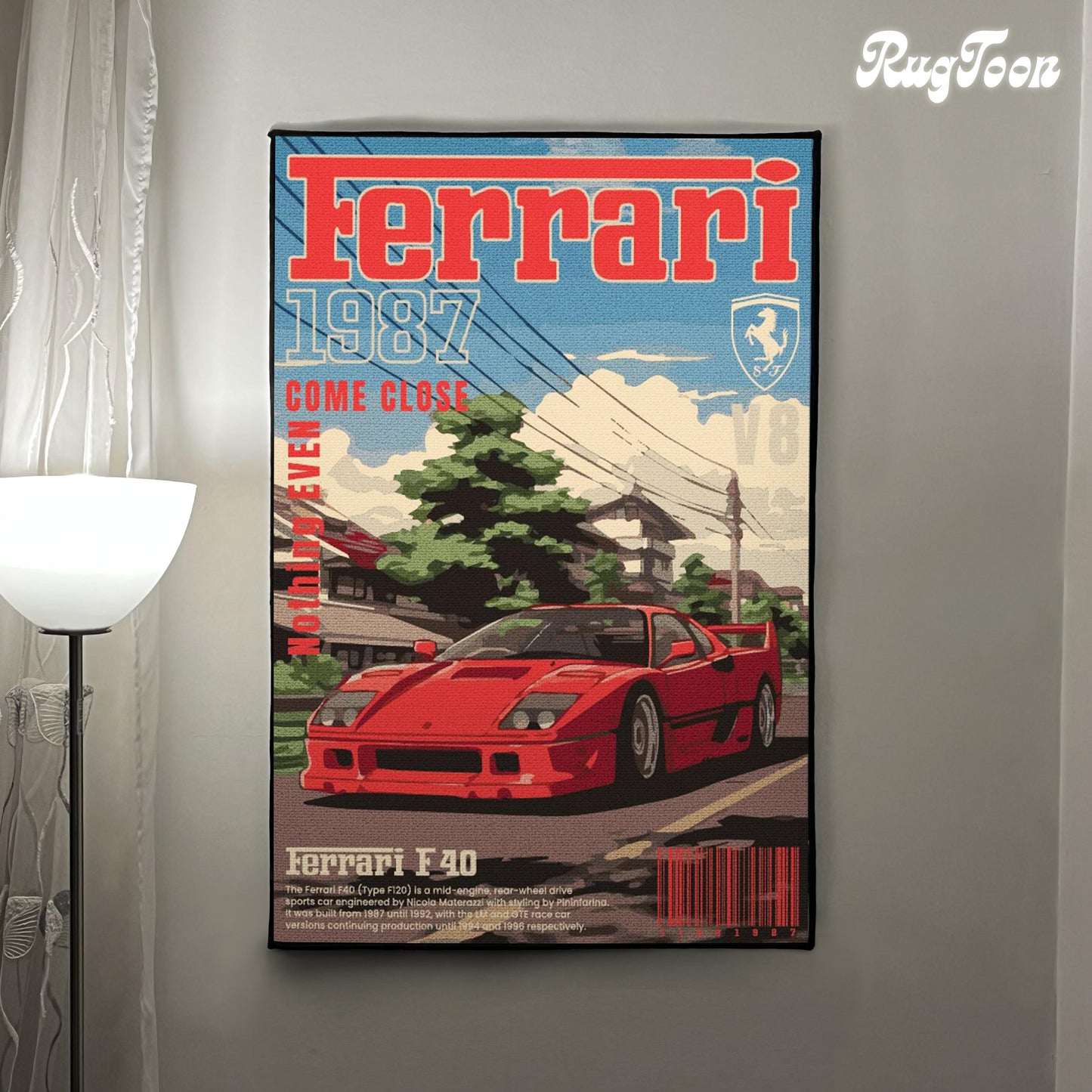 F40 Rug - Sports Car Fan Art Carpet - Italian F40 Cover Art - Classic Car Inspired Mat - Luxury Car Art - Soft Floor Cover