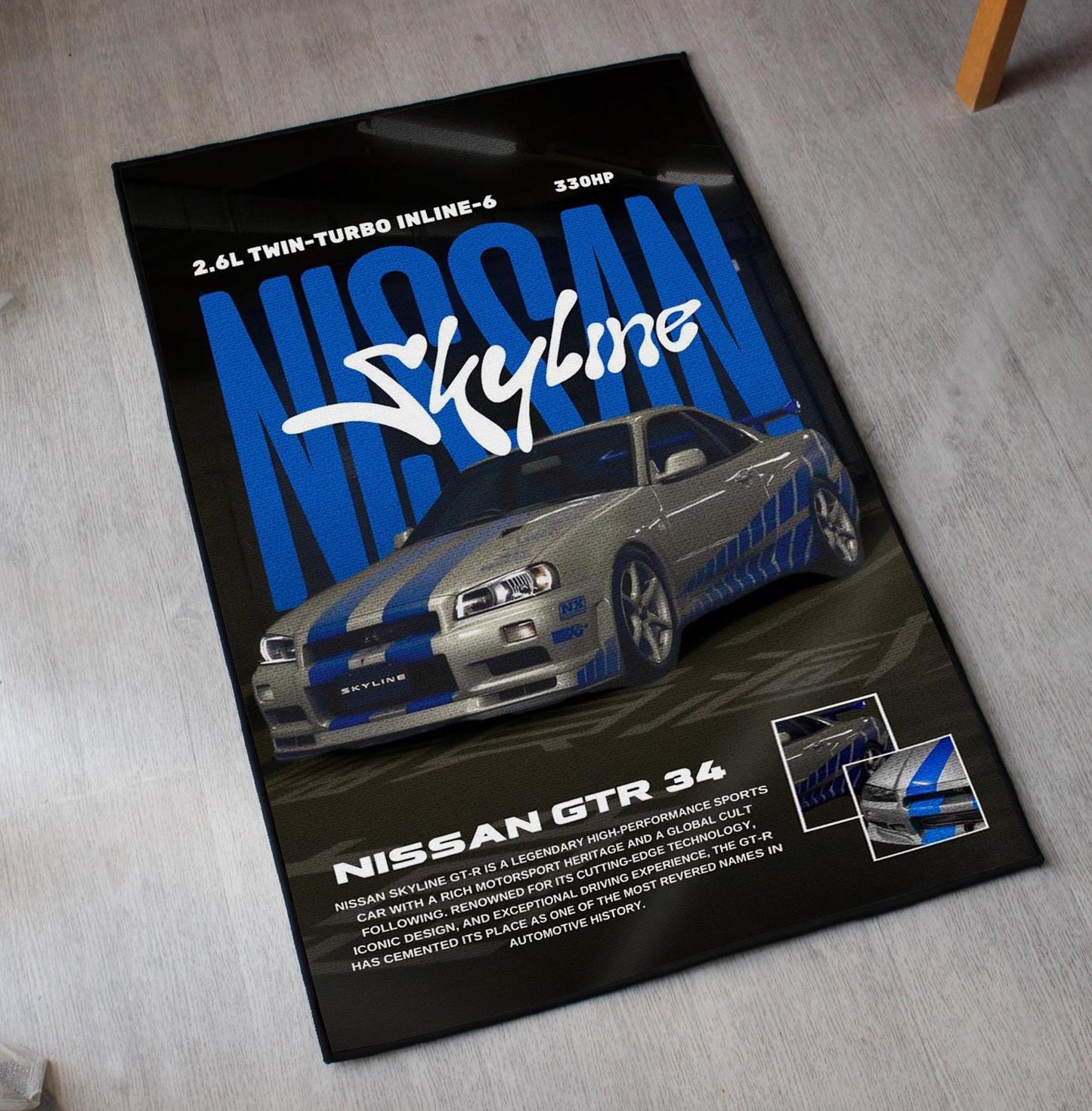 Skyline GTR 34 Rug - Car Fan Art Cover Carpet - Sports Car Poster Art - Vehicle Artwork - JDM Car Lovers Mat - Soft Floor Cover