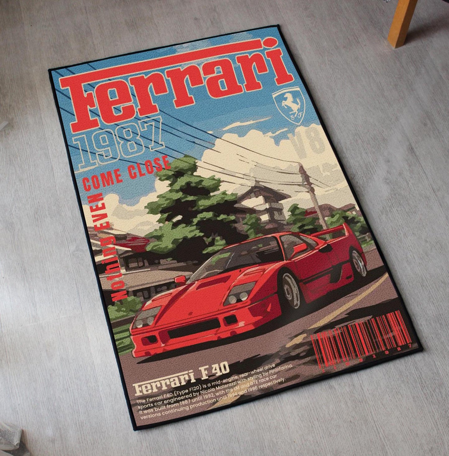 F40 Rug - Sports Car Fan Art Carpet - Italian F40 Cover Art - Classic Car Inspired Mat - Luxury Car Art - Soft Floor Cover