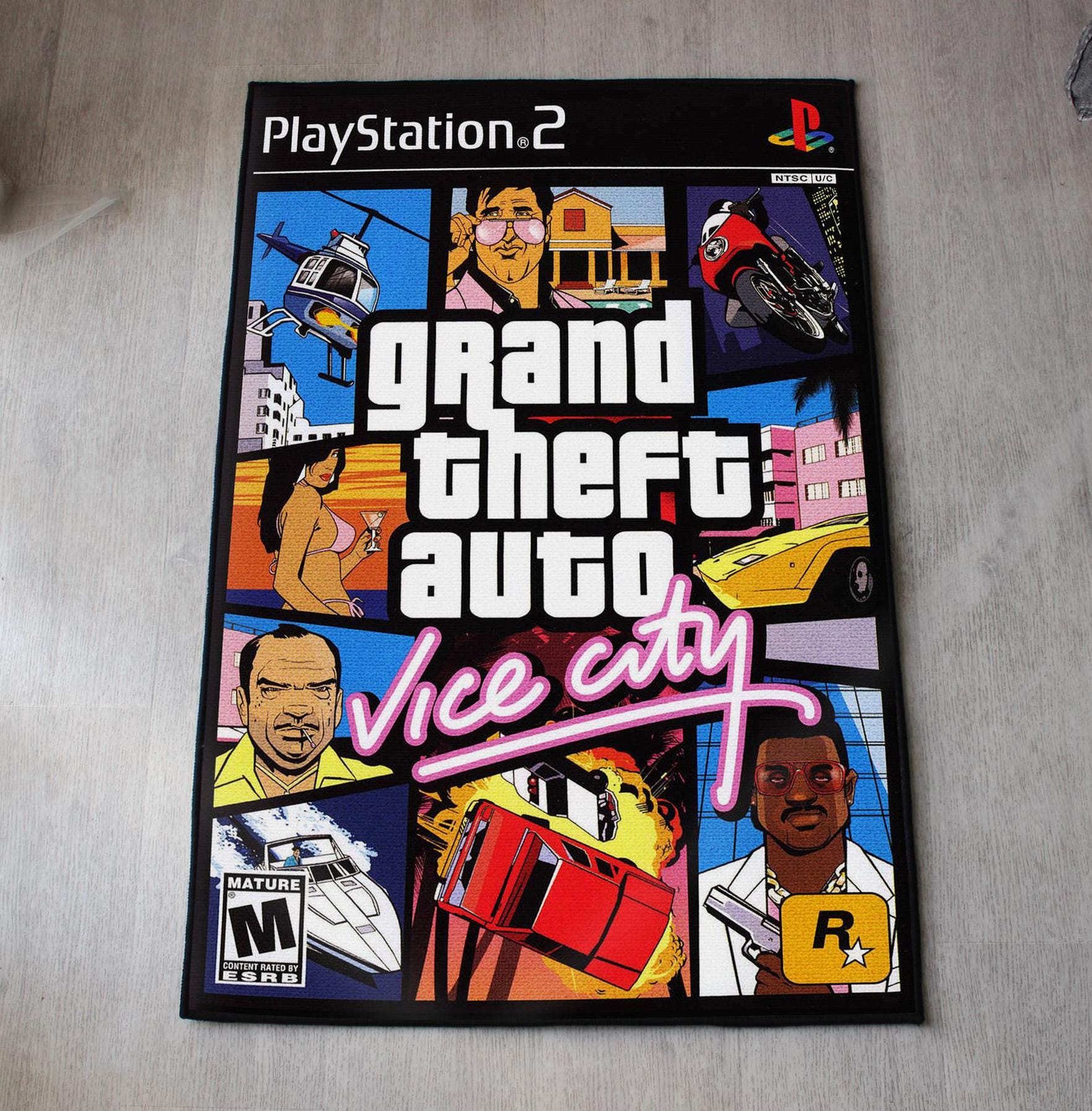 GTA Vice City Rug - PS2 Video Game Cover Carpet - Grand Theft Auto Art - Rockstar Games Art- GTA Playstation Video Game - Soft Floor Cover