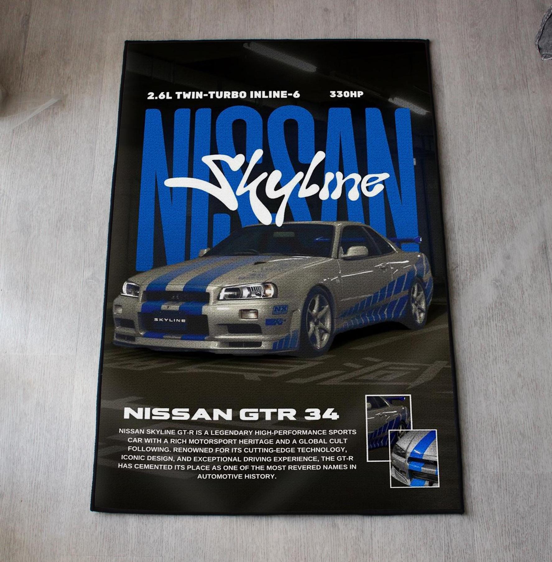 Skyline GTR 34 Rug - Car Fan Art Cover Carpet - Sports Car Poster Art - Vehicle Artwork - JDM Car Lovers Mat - Soft Floor Cover
