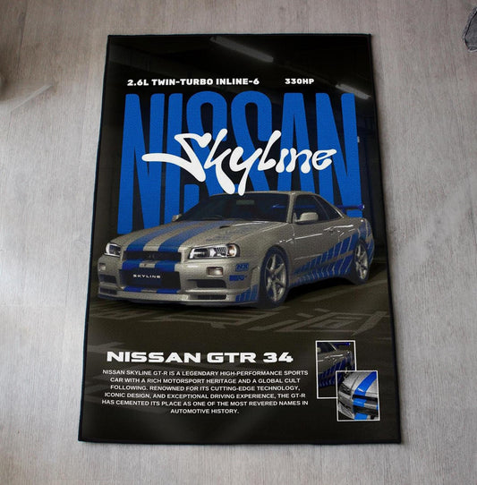 Skyline GTR 34 Rug - Car Fan Art Cover Carpet - Sports Car Poster Art - Vehicle Artwork - JDM Car Lovers Mat - Soft Floor Cover