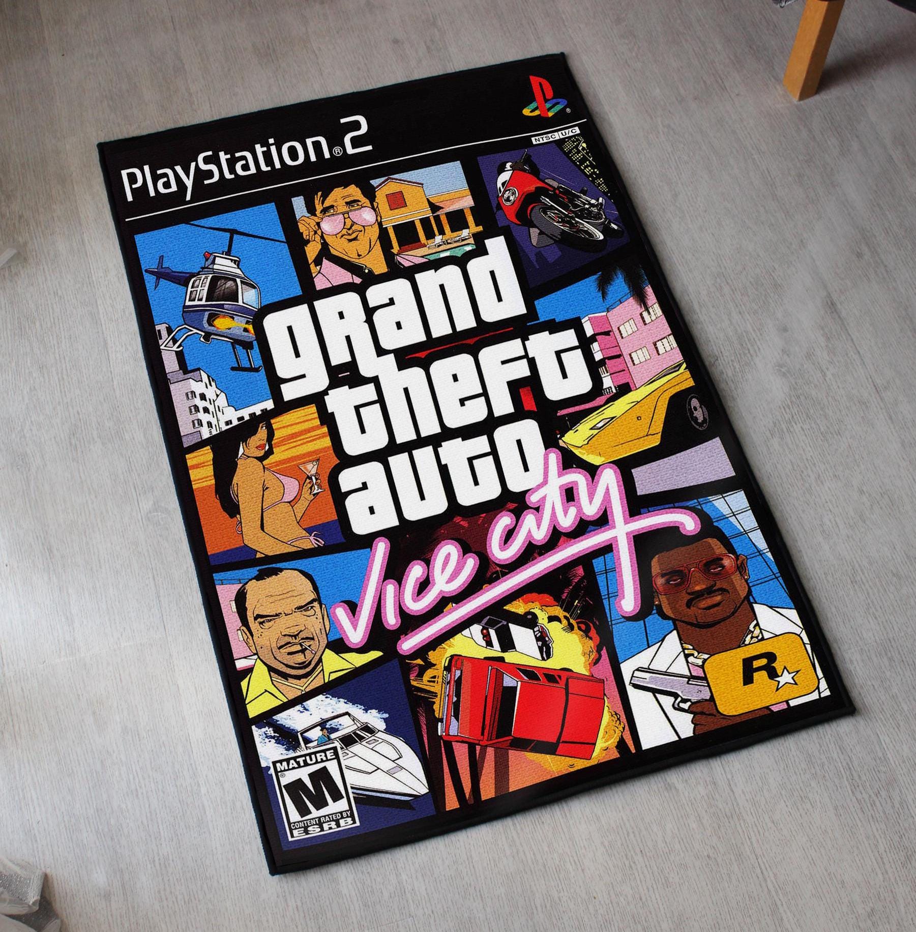 GTA Vice City Rug - PS2 Video Game Cover Carpet - Grand Theft Auto Art - Rockstar Games Art- GTA Playstation Video Game - Soft Floor Cover