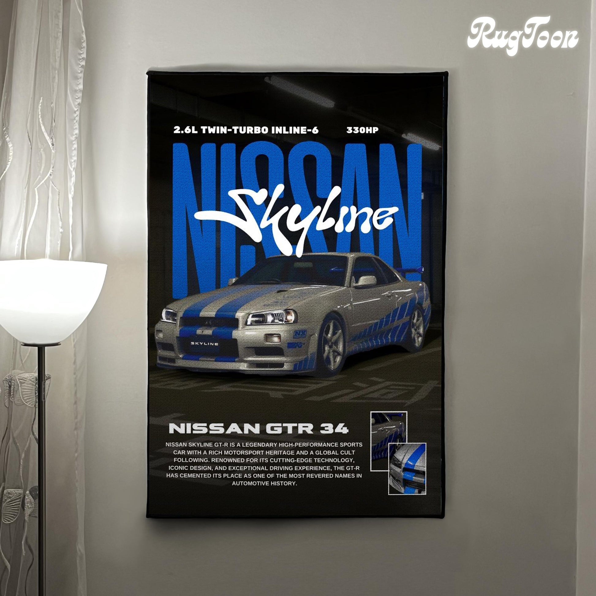 Skyline GTR 34 Rug - Car Fan Art Cover Carpet - Sports Car Poster Art - Vehicle Artwork - JDM Car Lovers Mat - Soft Floor Cover