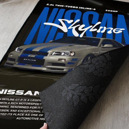Skyline GTR 34 Rug - Car Fan Art Cover Carpet - Sports Car Poster Art - Vehicle Artwork - JDM Car Lovers Mat - Soft Floor Cover