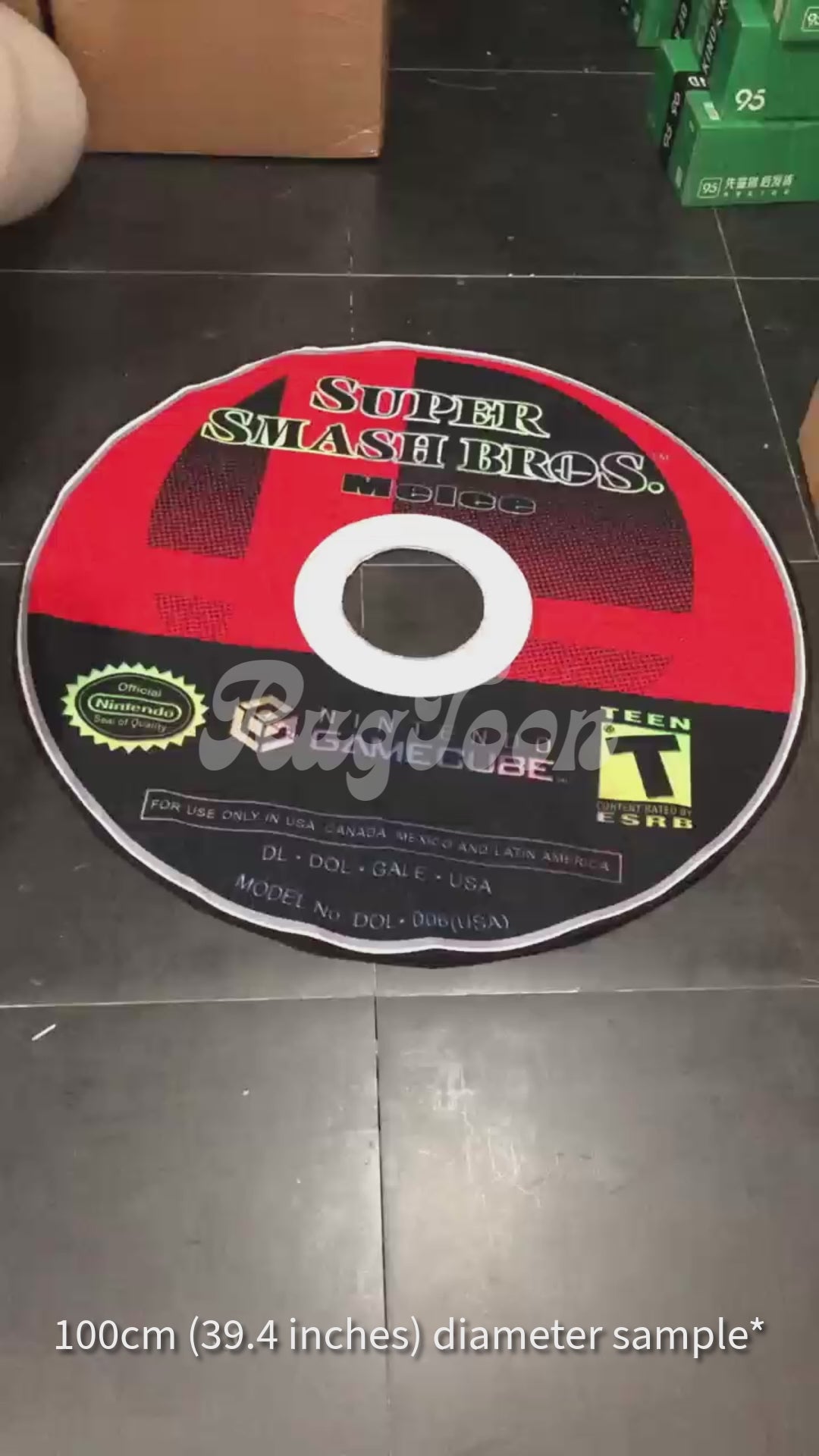 Super Smash Bros Melee rug shaped like a GameCube disc carpet