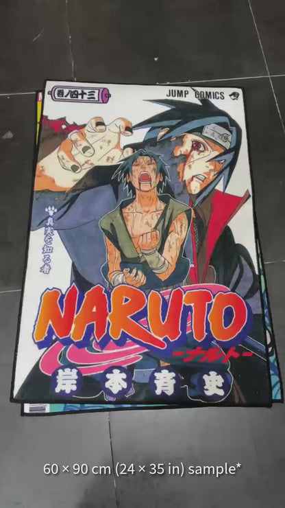 Naruto rug featuring Itachi Uchiha with manga cover style design
