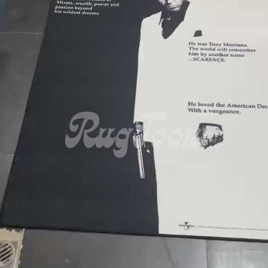 Scarface rug featuring Tony Montana movie poster art design