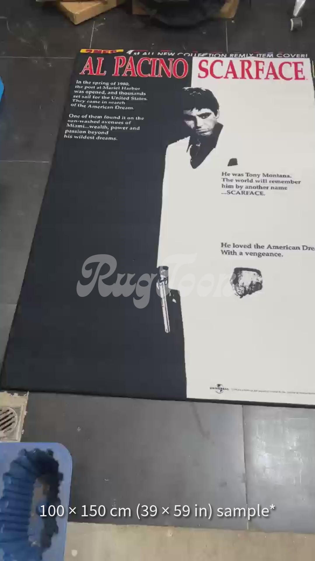 Scarface rug featuring Tony Montana movie poster art design