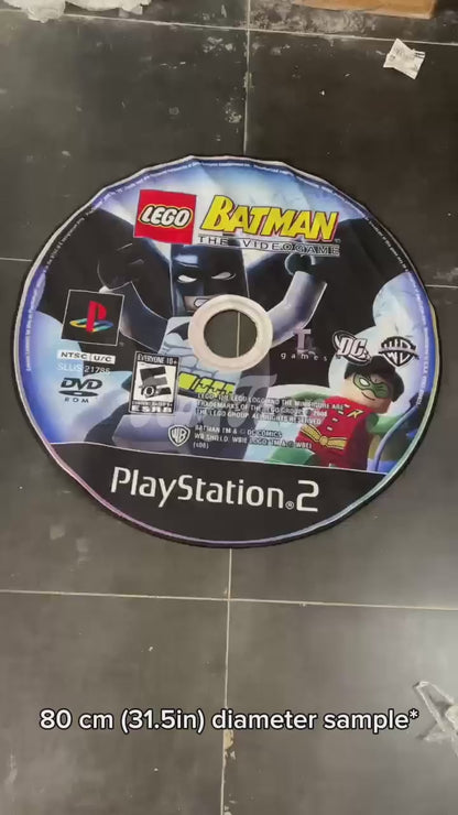 Lego Batman round rug with DC Comics PS2 game cover design