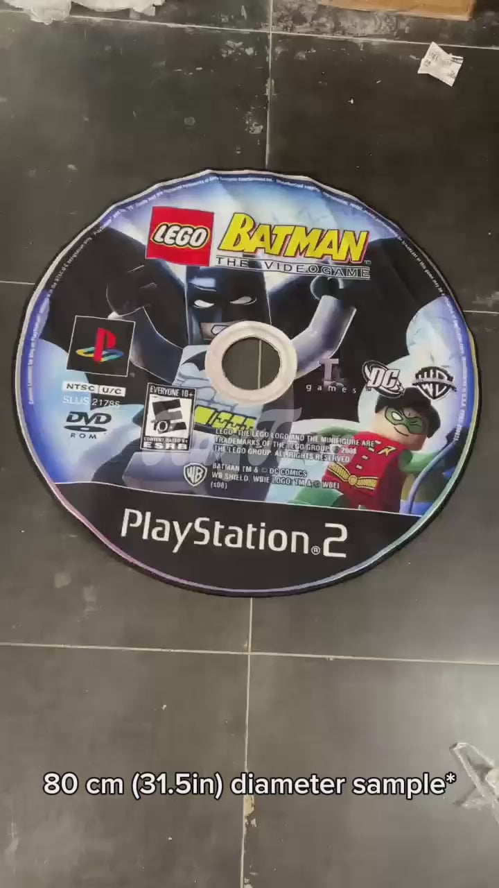 Lego Batman round rug with DC Comics PS2 game cover design