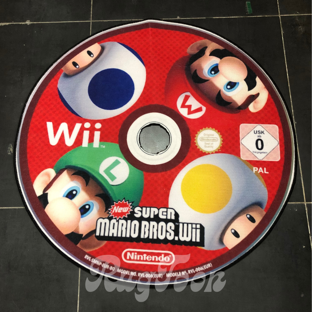 Super Mario Bros Wii rug inspired by Nintendo game disc retro decor